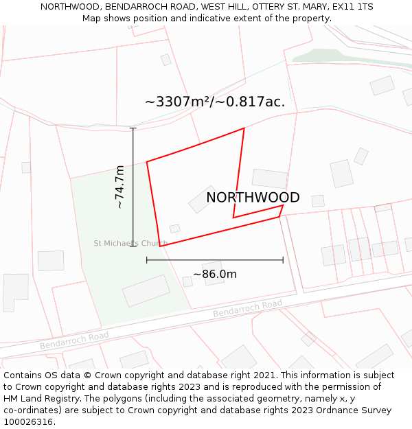 NORTHWOOD, BENDARROCH ROAD, WEST HILL, OTTERY ST. MARY, EX11 1TS: Plot and title map