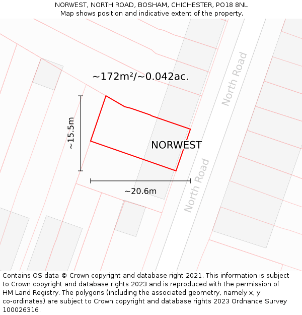 NORWEST, NORTH ROAD, BOSHAM, CHICHESTER, PO18 8NL: Plot and title map