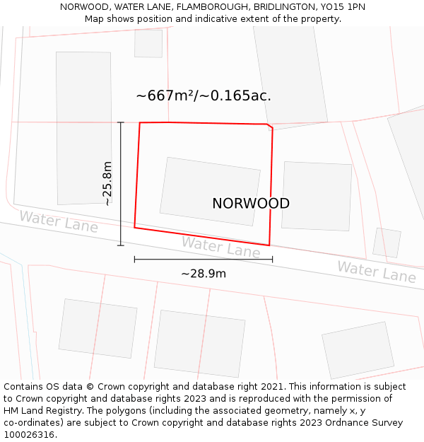 NORWOOD, WATER LANE, FLAMBOROUGH, BRIDLINGTON, YO15 1PN: Plot and title map