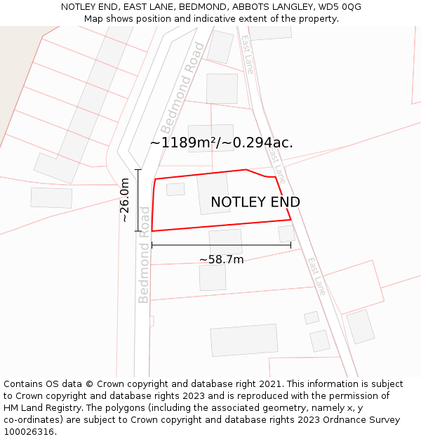 NOTLEY END, EAST LANE, BEDMOND, ABBOTS LANGLEY, WD5 0QG: Plot and title map