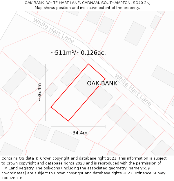 OAK BANK, WHITE HART LANE, CADNAM, SOUTHAMPTON, SO40 2NJ: Plot and title map