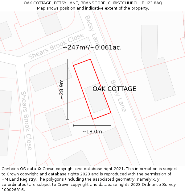 OAK COTTAGE, BETSY LANE, BRANSGORE, CHRISTCHURCH, BH23 8AQ: Plot and title map