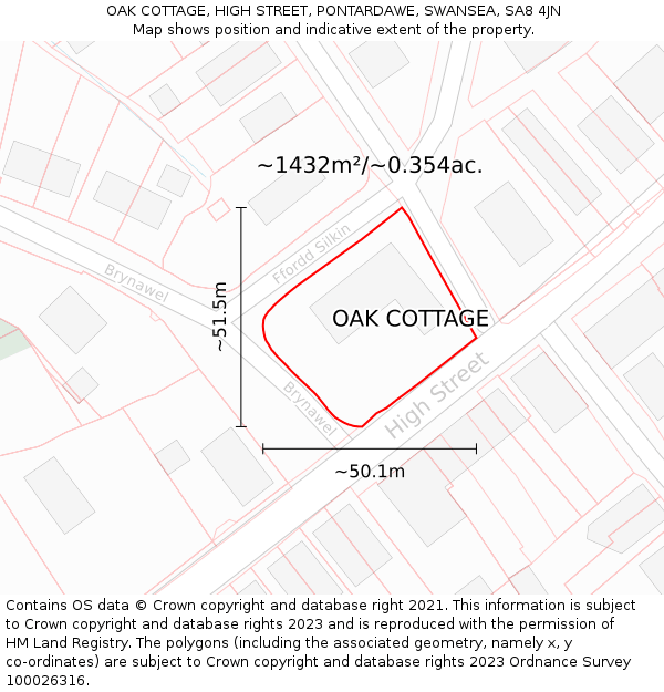 OAK COTTAGE, HIGH STREET, PONTARDAWE, SWANSEA, SA8 4JN: Plot and title map