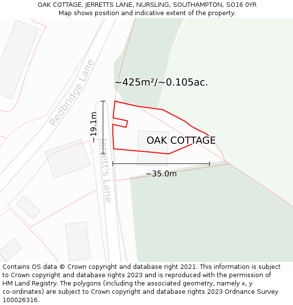 OAK COTTAGE, JERRETTS LANE, NURSLING, SOUTHAMPTON, SO16 0YR: Plot and title map