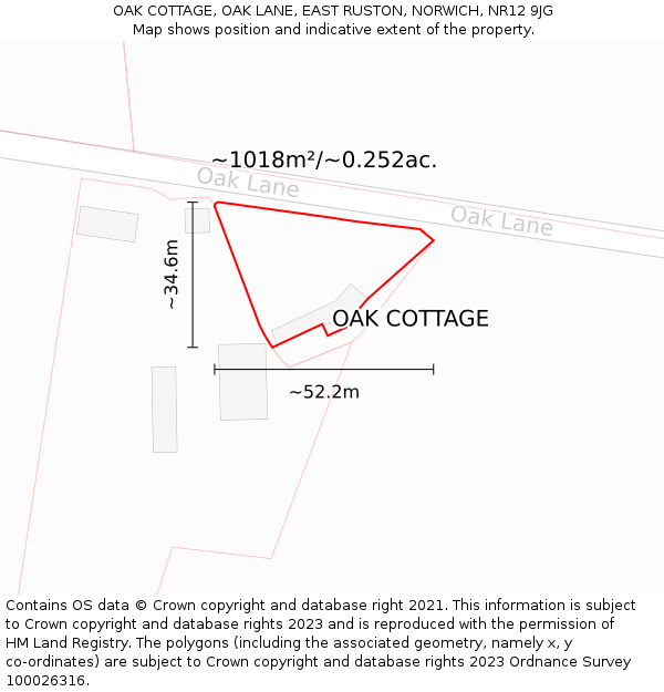 OAK COTTAGE, OAK LANE, EAST RUSTON, NORWICH, NR12 9JG: Plot and title map