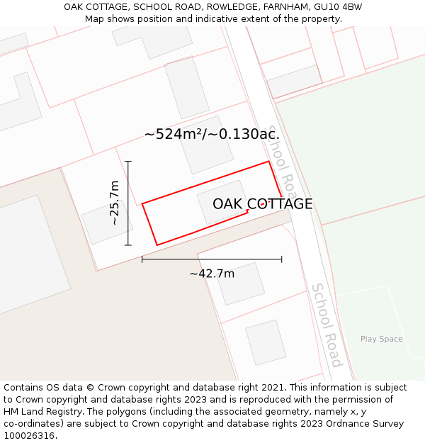 OAK COTTAGE, SCHOOL ROAD, ROWLEDGE, FARNHAM, GU10 4BW: Plot and title map