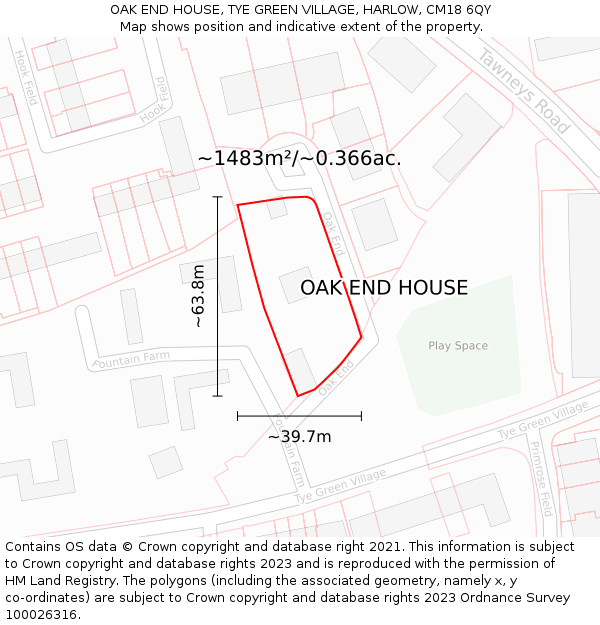 OAK END HOUSE, TYE GREEN VILLAGE, HARLOW, CM18 6QY: Plot and title map