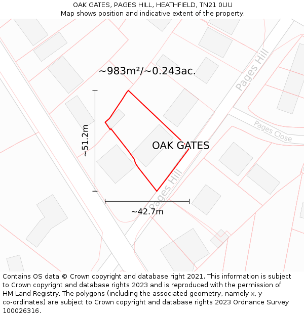 OAK GATES, PAGES HILL, HEATHFIELD, TN21 0UU: Plot and title map