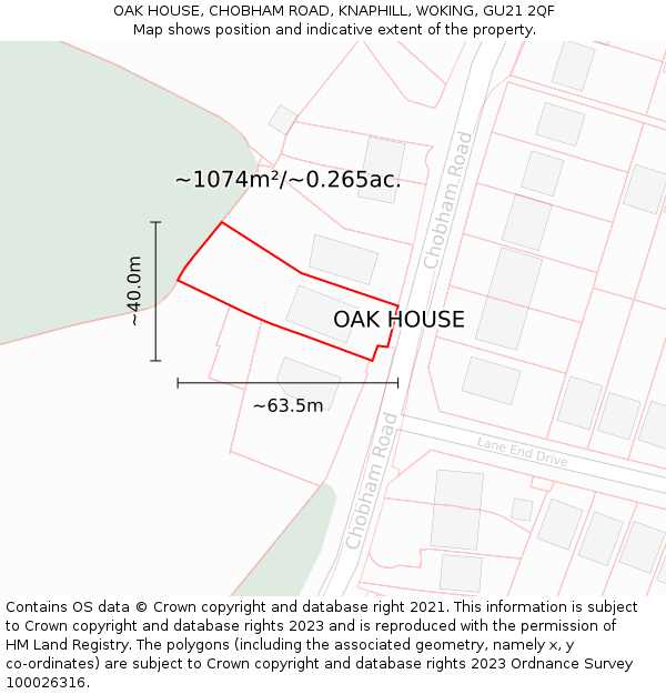 OAK HOUSE, CHOBHAM ROAD, KNAPHILL, WOKING, GU21 2QF: Plot and title map