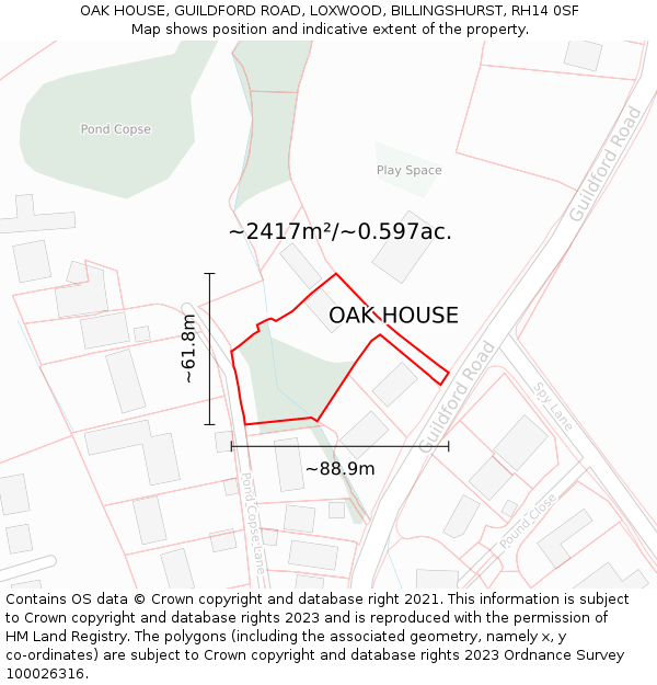 OAK HOUSE, GUILDFORD ROAD, LOXWOOD, BILLINGSHURST, RH14 0SF: Plot and title map