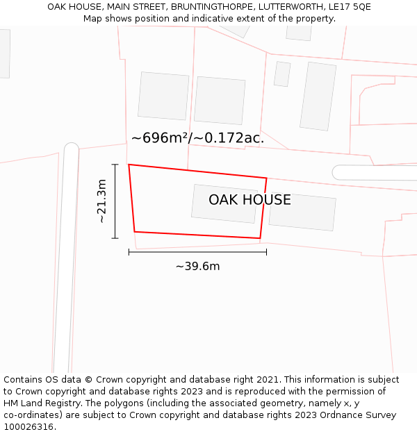 OAK HOUSE, MAIN STREET, BRUNTINGTHORPE, LUTTERWORTH, LE17 5QE: Plot and title map