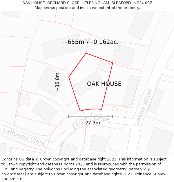 OAK HOUSE, ORCHARD CLOSE, HELPRINGHAM, SLEAFORD, NG34 0RZ: Plot and title map