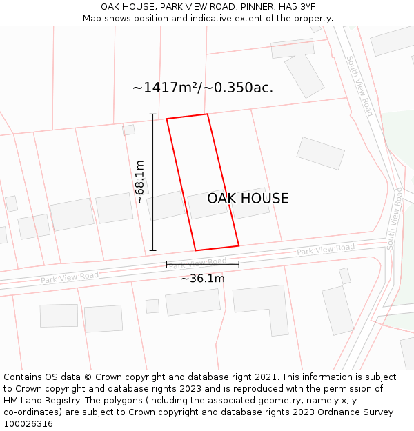 OAK HOUSE, PARK VIEW ROAD, PINNER, HA5 3YF: Plot and title map