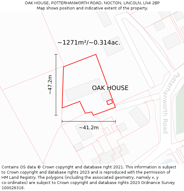 OAK HOUSE, POTTERHANWORTH ROAD, NOCTON, LINCOLN, LN4 2BP: Plot and title map