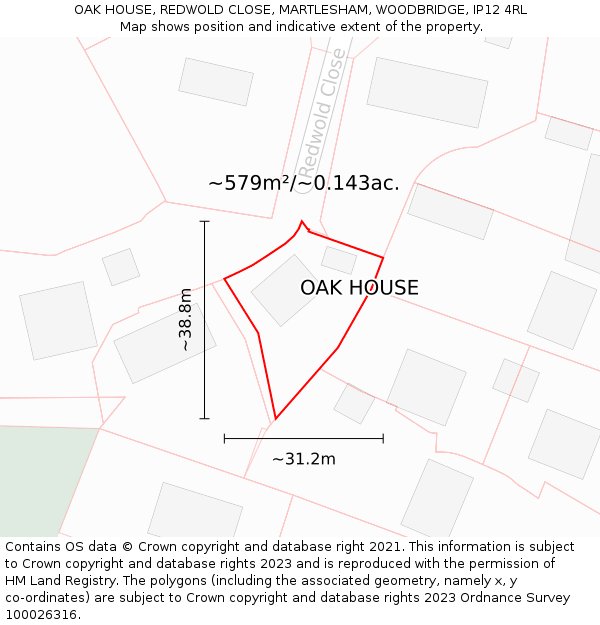 OAK HOUSE, REDWOLD CLOSE, MARTLESHAM, WOODBRIDGE, IP12 4RL: Plot and title map