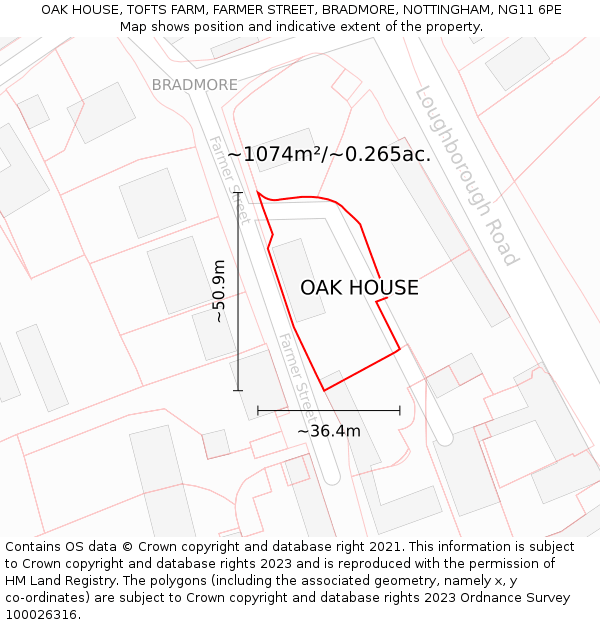 OAK HOUSE, TOFTS FARM, FARMER STREET, BRADMORE, NOTTINGHAM, NG11 6PE: Plot and title map