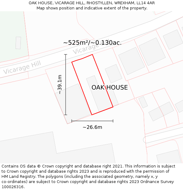 OAK HOUSE, VICARAGE HILL, RHOSTYLLEN, WREXHAM, LL14 4AR: Plot and title map