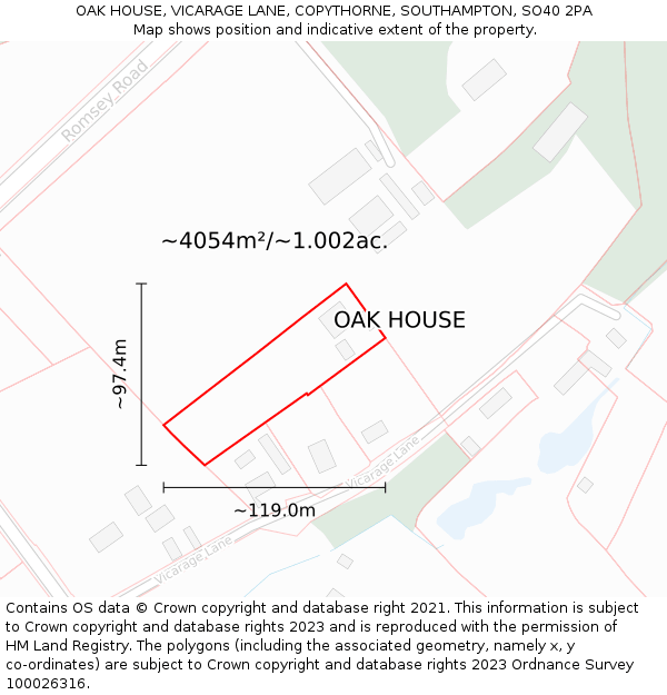 OAK HOUSE, VICARAGE LANE, COPYTHORNE, SOUTHAMPTON, SO40 2PA: Plot and title map