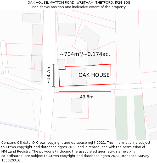 OAK HOUSE, WATTON ROAD, WRETHAM, THETFORD, IP24 1QS: Plot and title map