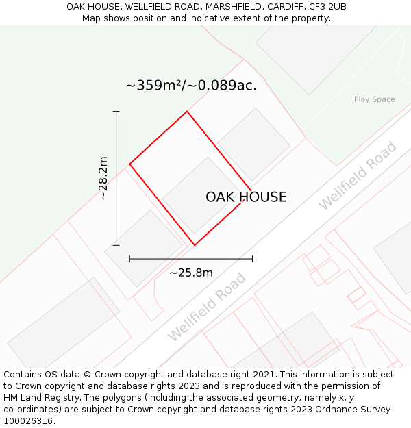 OAK HOUSE, WELLFIELD ROAD, MARSHFIELD, CARDIFF, CF3 2UB: Plot and title map