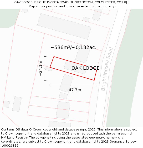 OAK LODGE, BRIGHTLINGSEA ROAD, THORRINGTON, COLCHESTER, CO7 8JH: Plot and title map