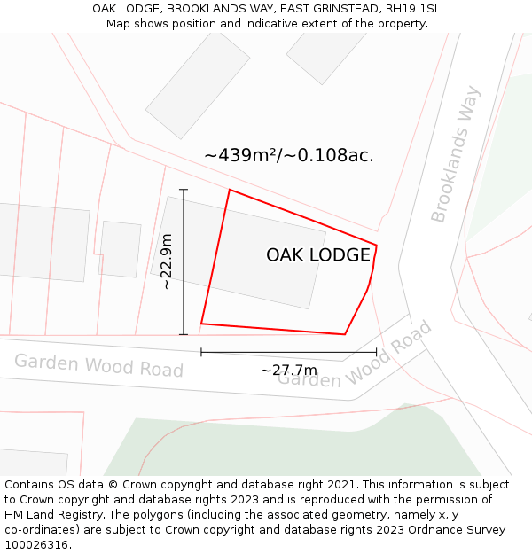 OAK LODGE, BROOKLANDS WAY, EAST GRINSTEAD, RH19 1SL: Plot and title map