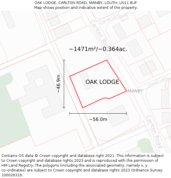 OAK LODGE, CARLTON ROAD, MANBY, LOUTH, LN11 8UF: Plot and title map