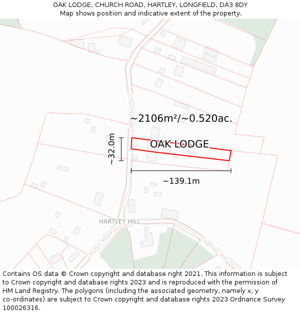 OAK LODGE, CHURCH ROAD, HARTLEY, LONGFIELD, DA3 8DY: Plot and title map