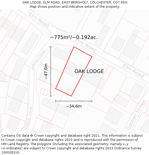 OAK LODGE, ELM ROAD, EAST BERGHOLT, COLCHESTER, CO7 6SG: Plot and title map