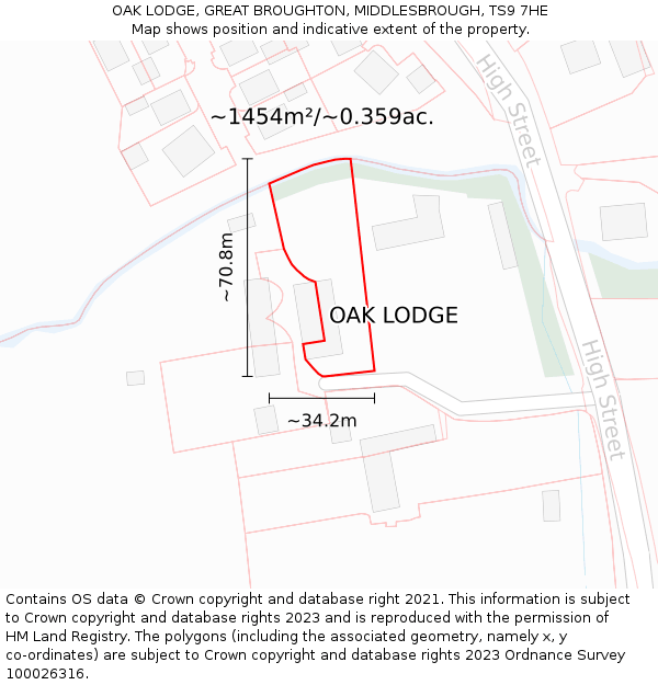 OAK LODGE, GREAT BROUGHTON, MIDDLESBROUGH, TS9 7HE: Plot and title map