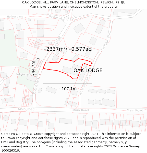 OAK LODGE, HILL FARM LANE, CHELMONDISTON, IPSWICH, IP9 1JU: Plot and title map