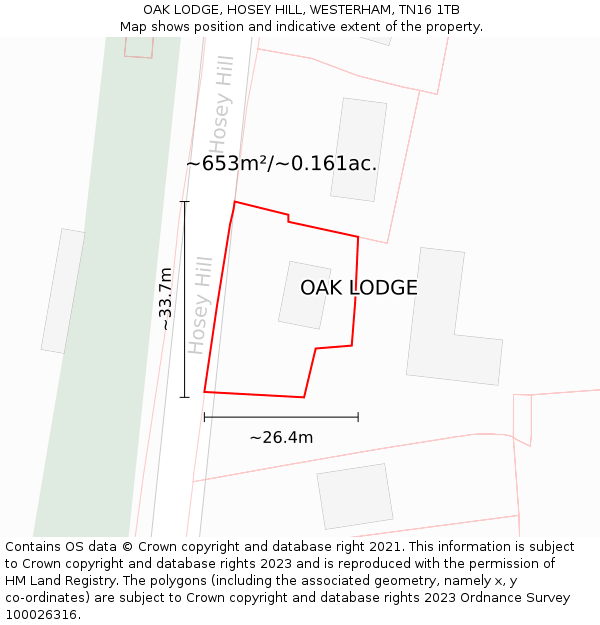 OAK LODGE, HOSEY HILL, WESTERHAM, TN16 1TB: Plot and title map
