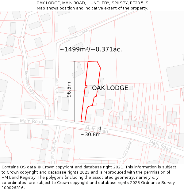 OAK LODGE, MAIN ROAD, HUNDLEBY, SPILSBY, PE23 5LS: Plot and title map