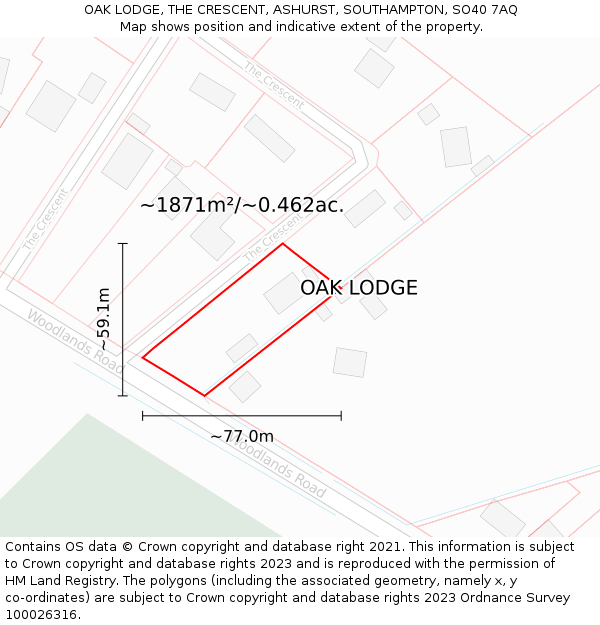 OAK LODGE, THE CRESCENT, ASHURST, SOUTHAMPTON, SO40 7AQ: Plot and title map