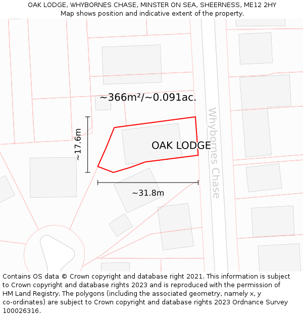OAK LODGE, WHYBORNES CHASE, MINSTER ON SEA, SHEERNESS, ME12 2HY: Plot and title map