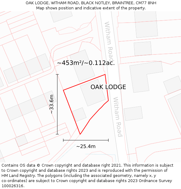 OAK LODGE, WITHAM ROAD, BLACK NOTLEY, BRAINTREE, CM77 8NH: Plot and title map