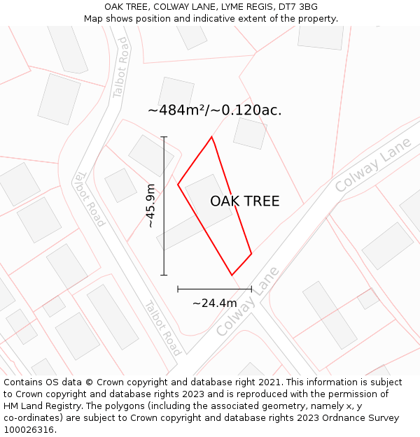 OAK TREE, COLWAY LANE, LYME REGIS, DT7 3BG: Plot and title map