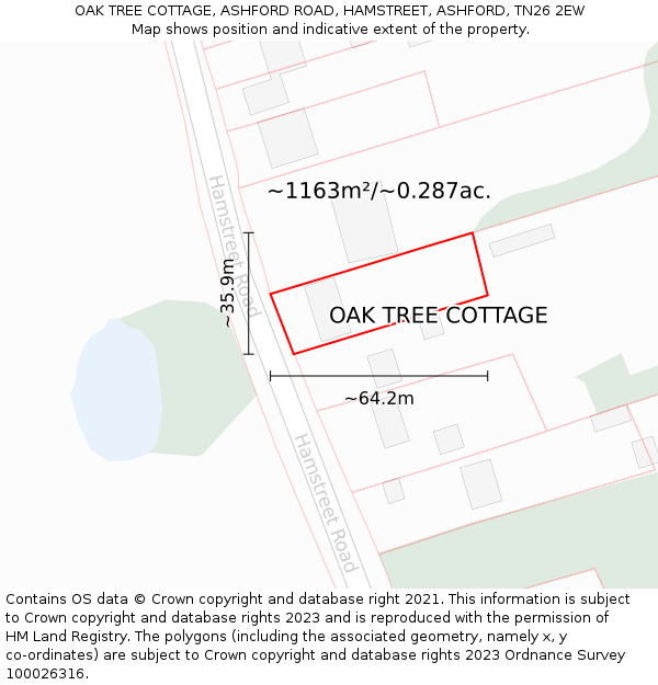 OAK TREE COTTAGE, ASHFORD ROAD, HAMSTREET, ASHFORD, TN26 2EW: Plot and title map