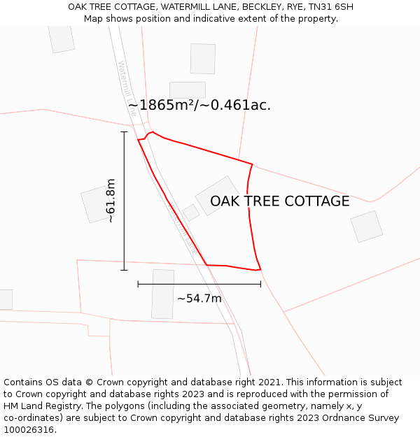 OAK TREE COTTAGE, WATERMILL LANE, BECKLEY, RYE, TN31 6SH: Plot and title map