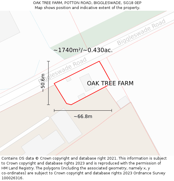 OAK TREE FARM, POTTON ROAD, BIGGLESWADE, SG18 0EP: Plot and title map