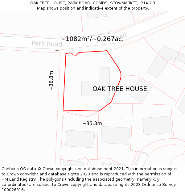 OAK TREE HOUSE, PARK ROAD, COMBS, STOWMARKET, IP14 2JR: Plot and title map