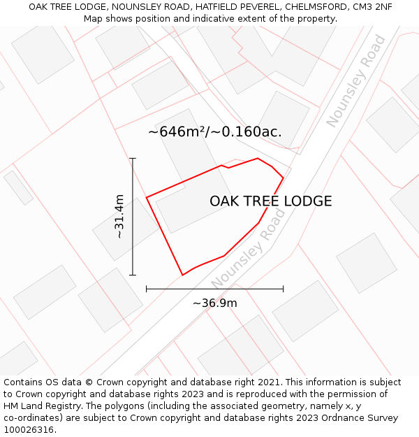 OAK TREE LODGE, NOUNSLEY ROAD, HATFIELD PEVEREL, CHELMSFORD, CM3 2NF: Plot and title map