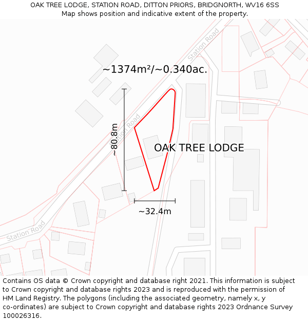 OAK TREE LODGE, STATION ROAD, DITTON PRIORS, BRIDGNORTH, WV16 6SS: Plot and title map