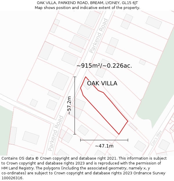 OAK VILLA, PARKEND ROAD, BREAM, LYDNEY, GL15 6JT: Plot and title map