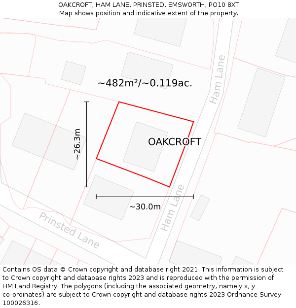 OAKCROFT, HAM LANE, PRINSTED, EMSWORTH, PO10 8XT: Plot and title map