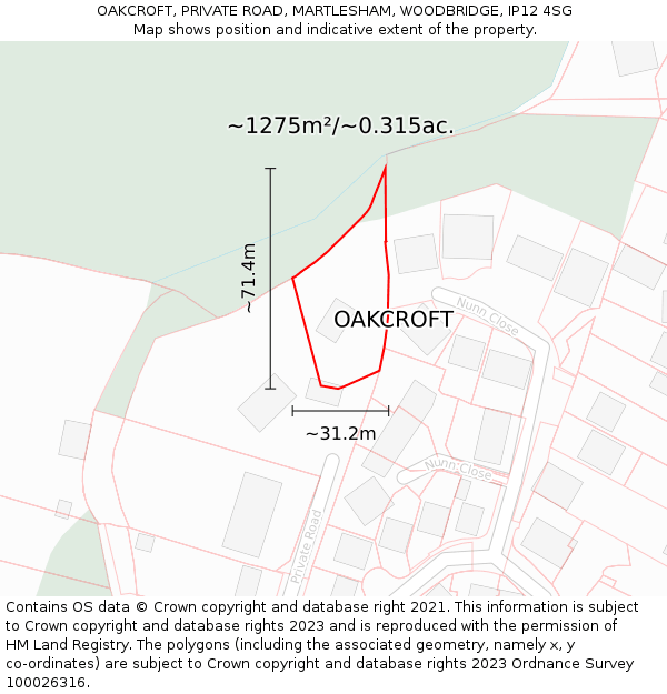 OAKCROFT, PRIVATE ROAD, MARTLESHAM, WOODBRIDGE, IP12 4SG: Plot and title map