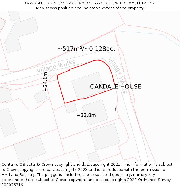 OAKDALE HOUSE, VILLAGE WALKS, MARFORD, WREXHAM, LL12 8SZ: Plot and title map