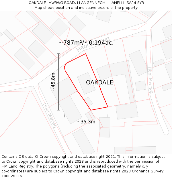 OAKDALE, MWRWG ROAD, LLANGENNECH, LLANELLI, SA14 8YR: Plot and title map