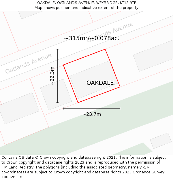 OAKDALE, OATLANDS AVENUE, WEYBRIDGE, KT13 9TR: Plot and title map