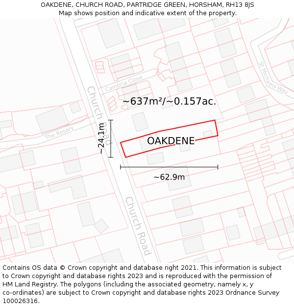 OAKDENE, CHURCH ROAD, PARTRIDGE GREEN, HORSHAM, RH13 8JS: Plot and title map